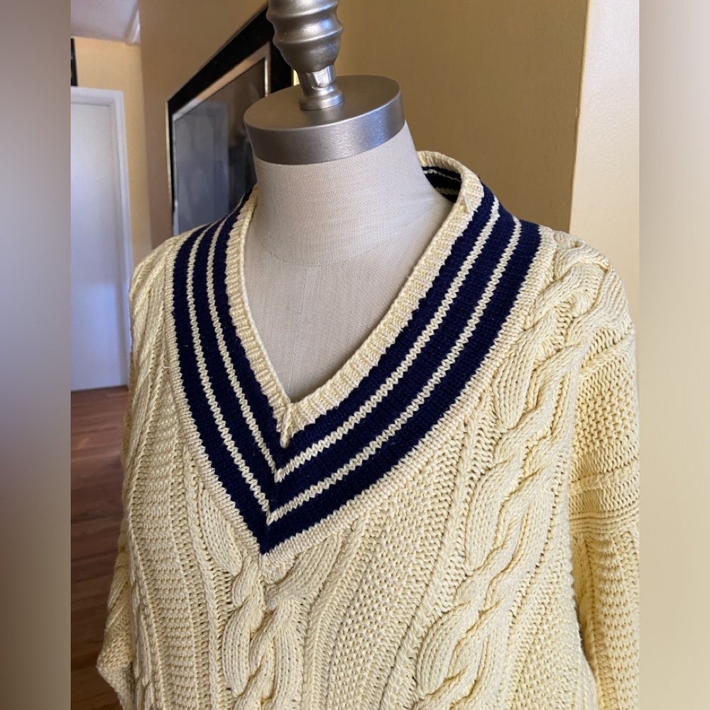 Lauren Ralph Lauren Cream and Navy V-Neck Sweater